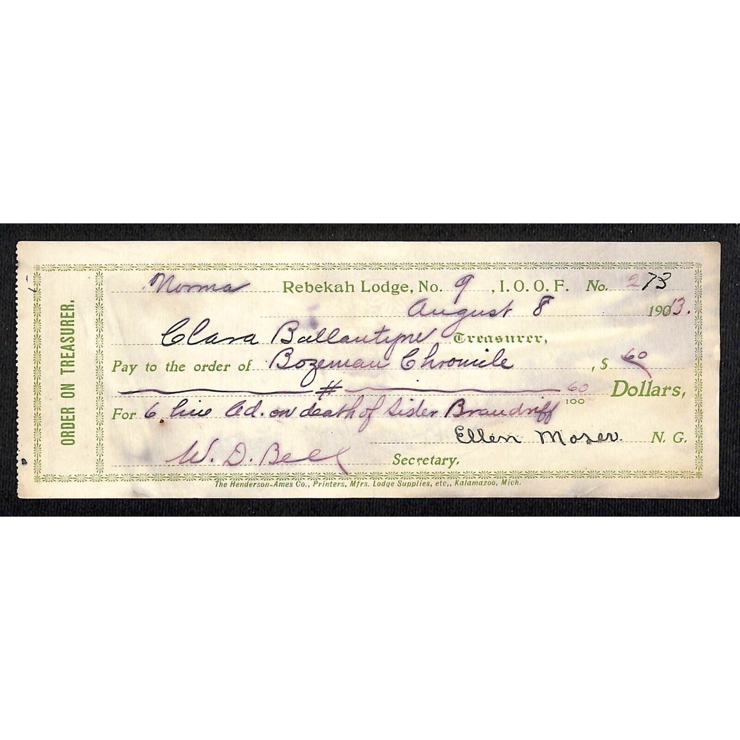 IOOF Odd Fellows Rebekah Lodge No.9 1913 Receipt / Billhead #73