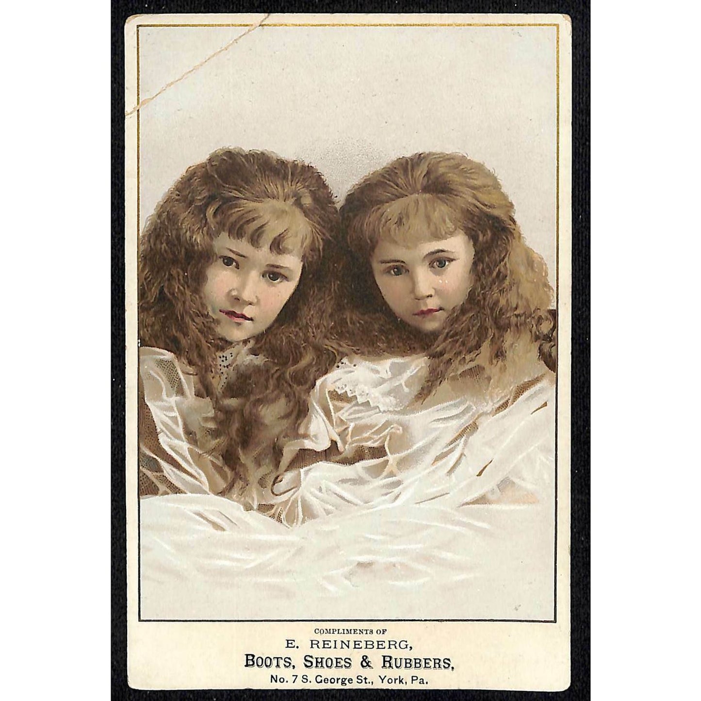 1880-90's Victorian Trade Card E. Reineberg Boots Shoes Rubbers York, PA Sisters