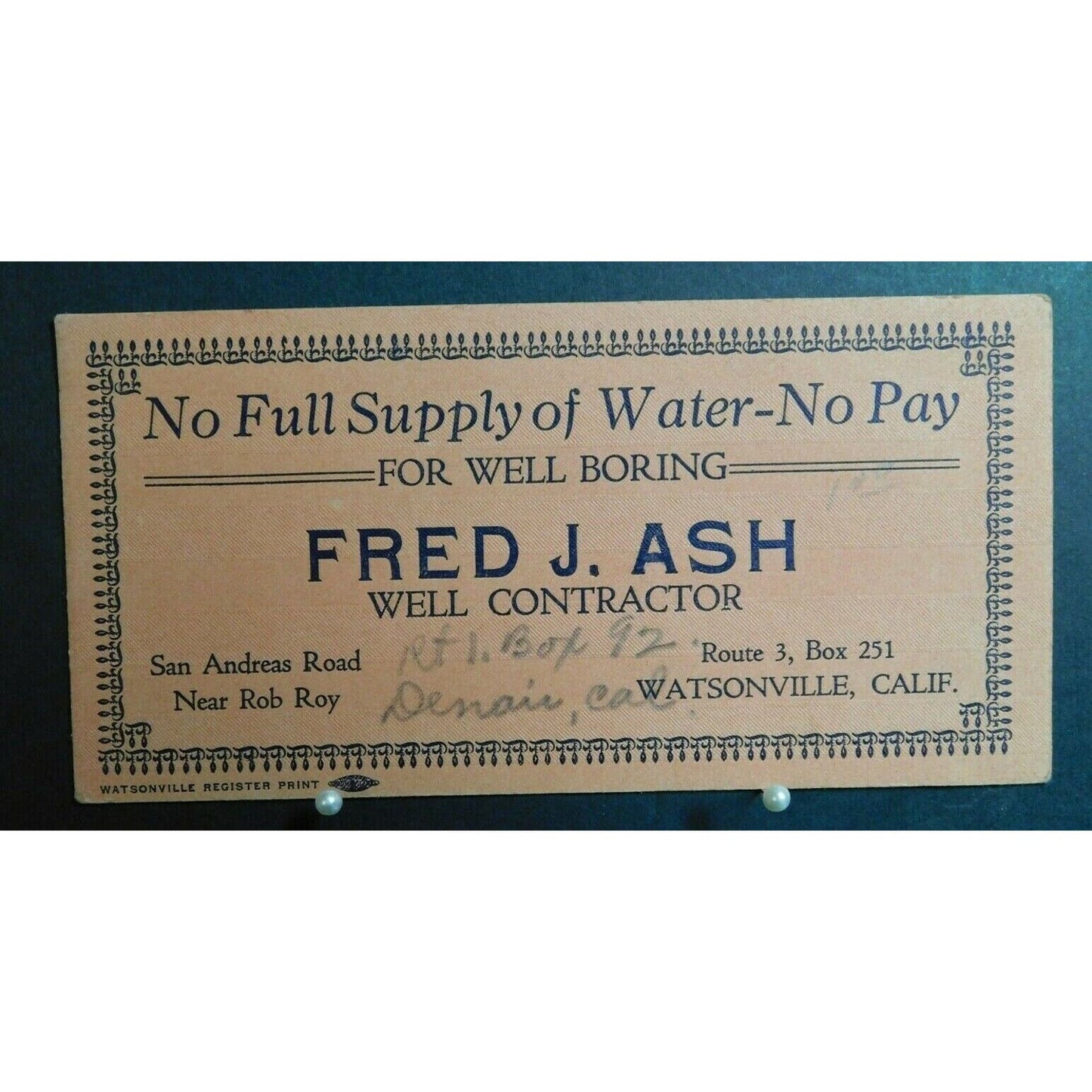 1930's Ink Blotter Advertising - Water Supply "No Pay" Watsonville California