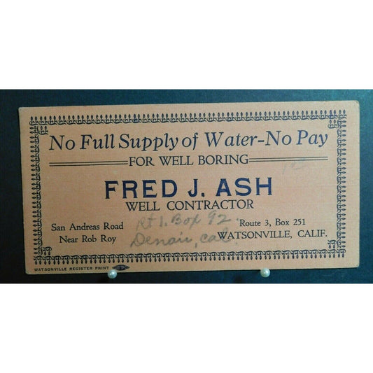 1930's Ink Blotter Advertising - Water Supply "No Pay" Watsonville California