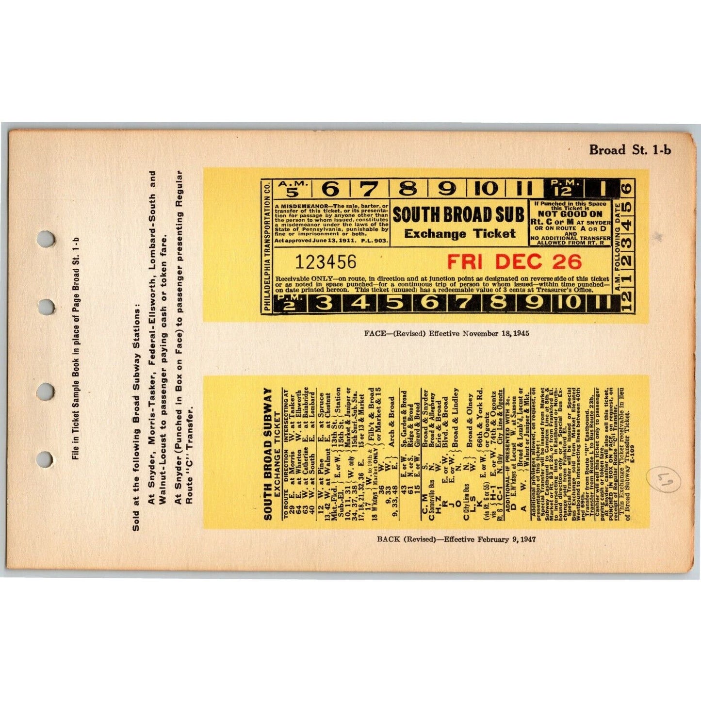 Philadelphia Rapid Transit c1945 Page from Bus Subway Ticket Sample Book (0073)
