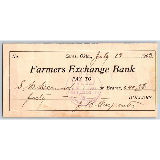 Ceres, Oklahoma 1903 Territorial $40 Farmers Exchange Bank Check - Very Scarce
