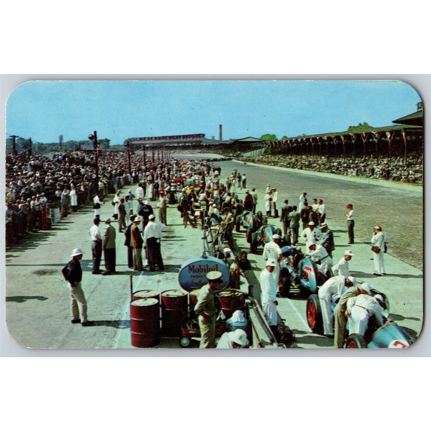 Indy 500 Postcard 1950 "500 Mile Speedway - In the Pit Area" Rounded Edges