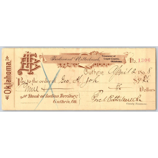 Guthrie, Oklahoma 1898 "Bank of Indian Territory" County Treasurer Check