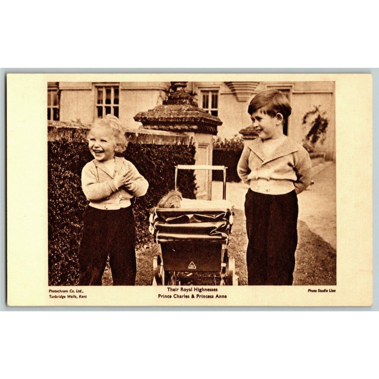 c1950's "Prince Charles & Princess Anne" Playing Outside PPC Postcard Unposted