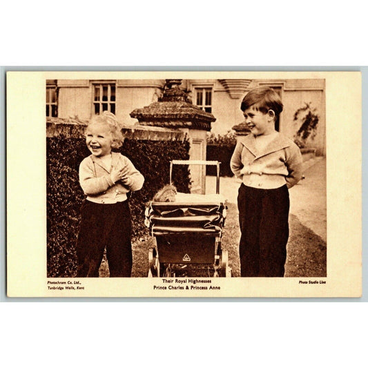 c1950's "Prince Charles & Princess Anne" Playing Outside PPC Postcard Unposted