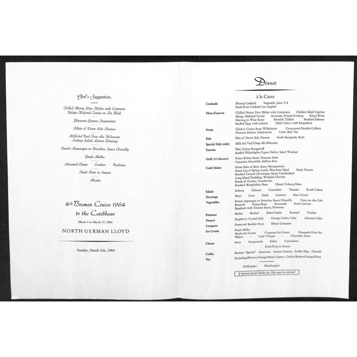 1964 North German Lloyd Bremen Cruise Line Dinner Menu Mar 8