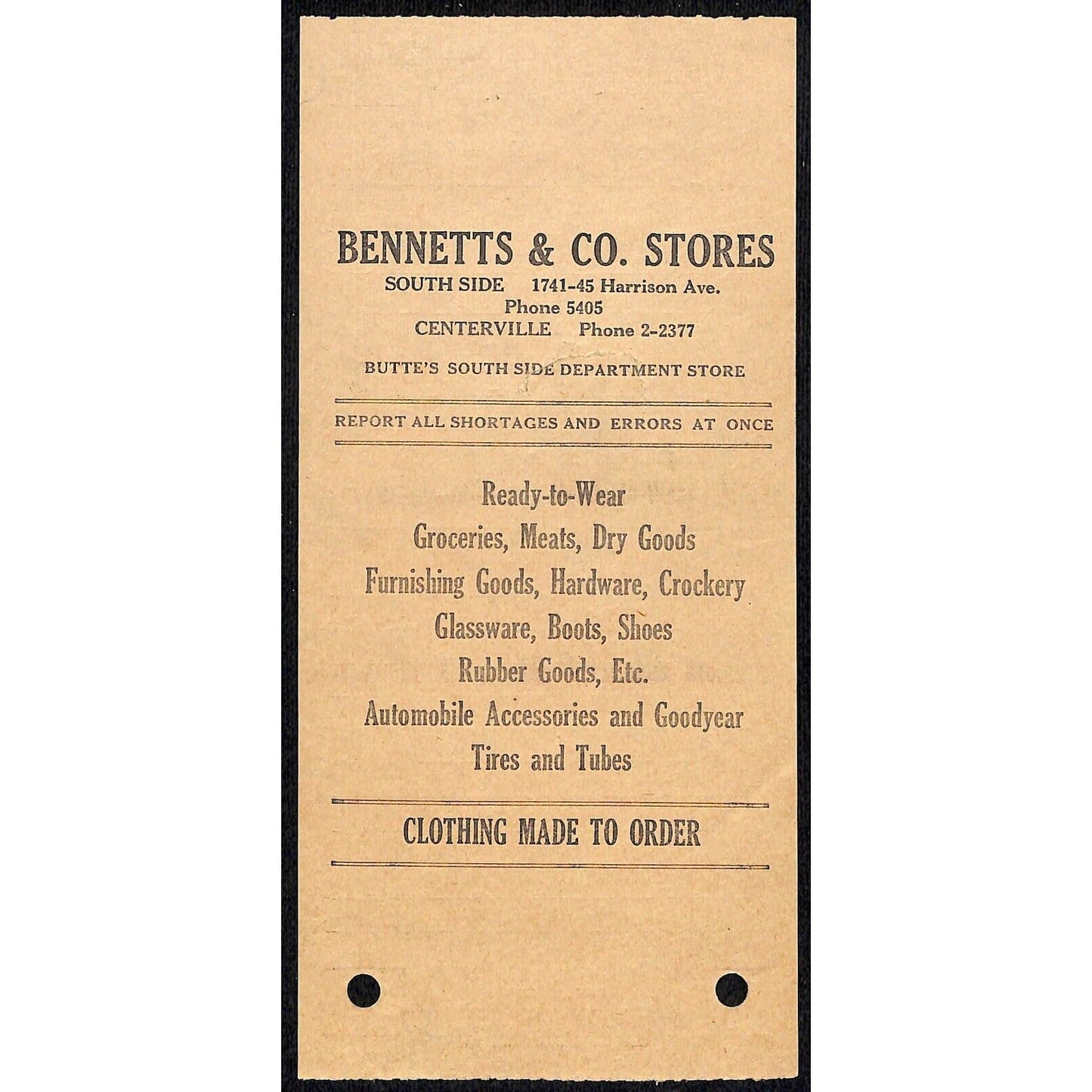 Bennetts & Co. Dept. Store Butte Montana 1933 Billhead Letterhead - Wilson Drug