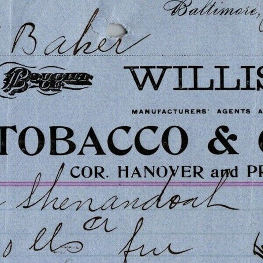 1899 Letterhead Billhead Willis & Co. Tobacco Cigars Baltimore Ephraim Baker*