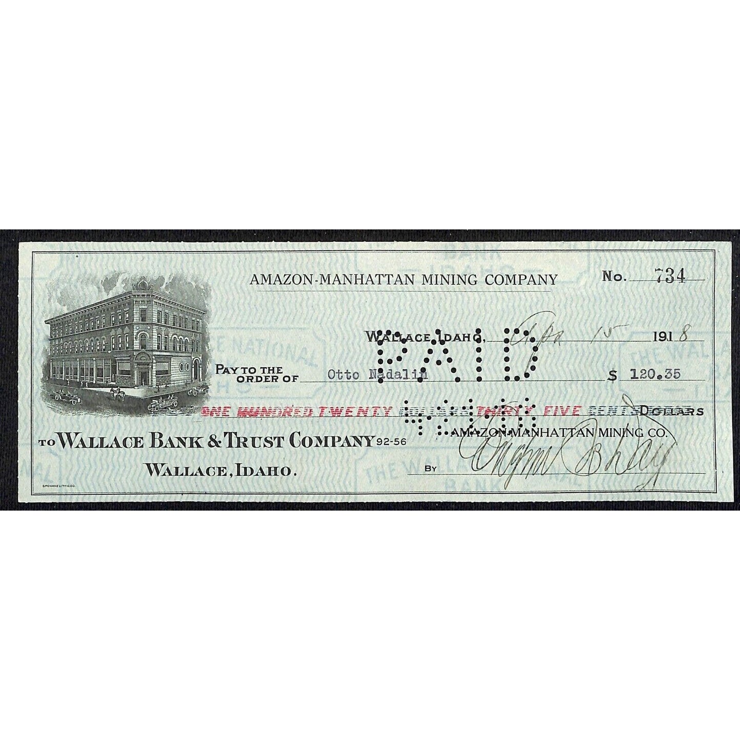 1918 Wallace, Idaho Amazon-Manhattan Mining Co. $120 Bank Check w/ Vignette