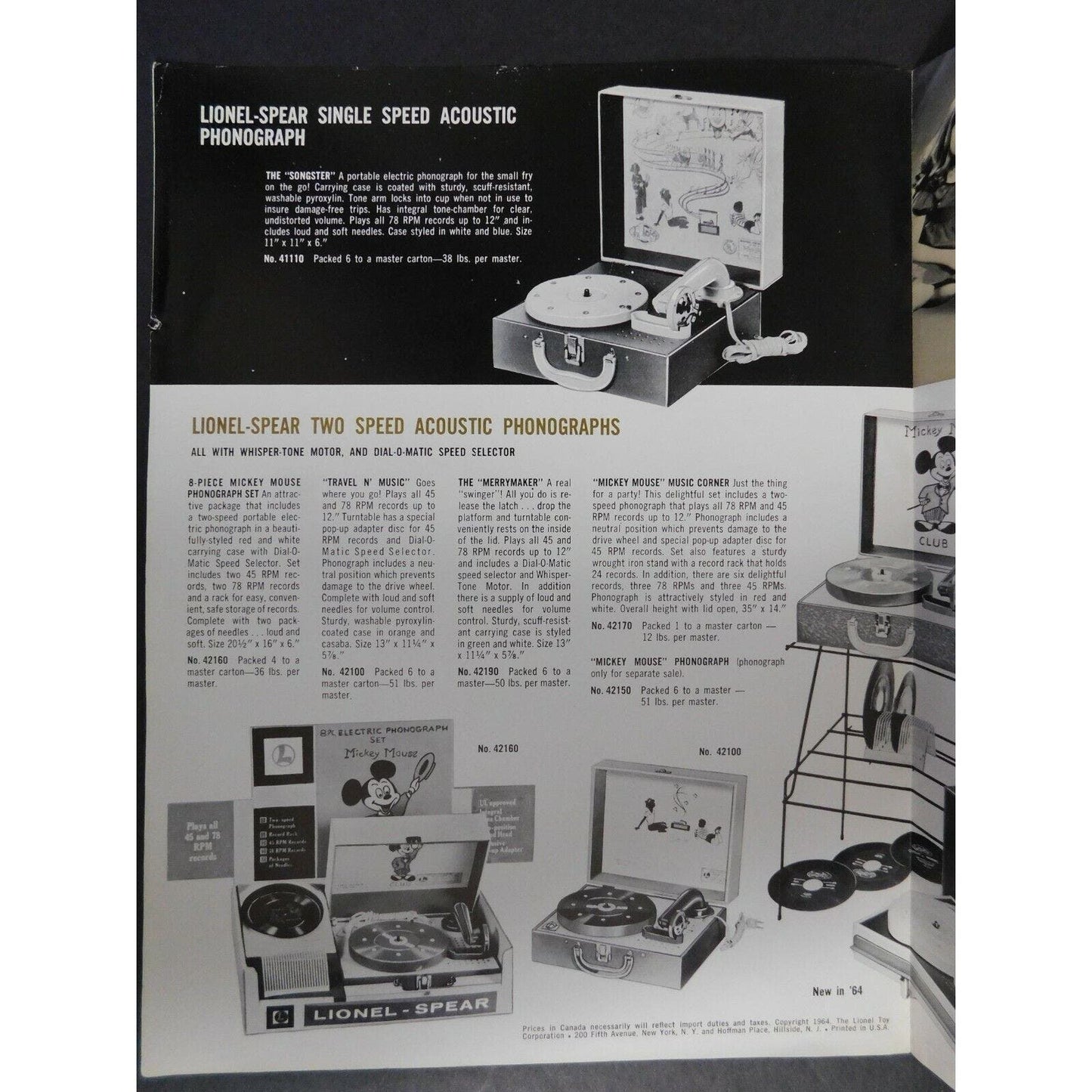 Original 1964 Lionel Spear Phonographs & Accessories Folded 1 Sheet VGC