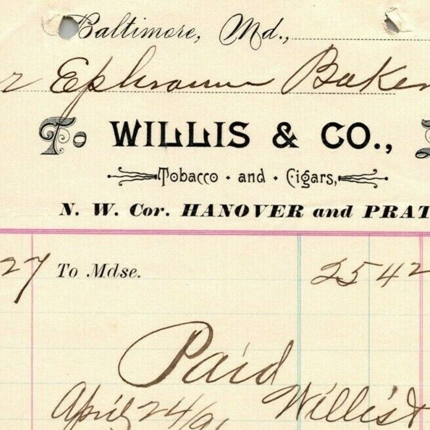 1896 Letterhead Billhead Willis & Co. Tobacco Cigars Baltimore Ephraim Baker*