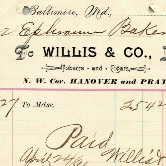 1896 Letterhead Billhead Willis & Co. Tobacco Cigars Baltimore Ephraim Baker*