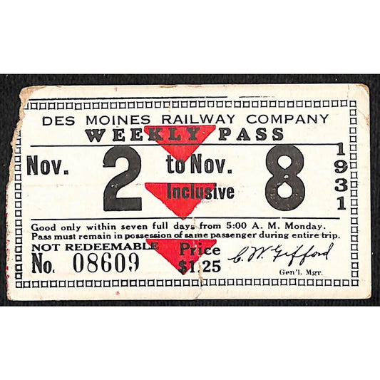 Des Moines Railway Company 1931 Nov. Weekly Pass Fare Ticket #08609