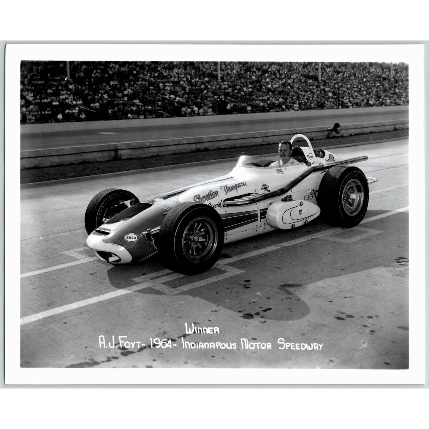 A J Foyt Indy 500 Winner 1964 - 8 x 10 Glossy B&W Photograph VGC Stamped