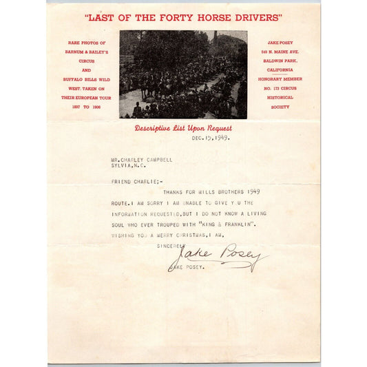 Jake Posey Photos 40 Horse Driver Circus Letterhead 1949 Signed Scarce