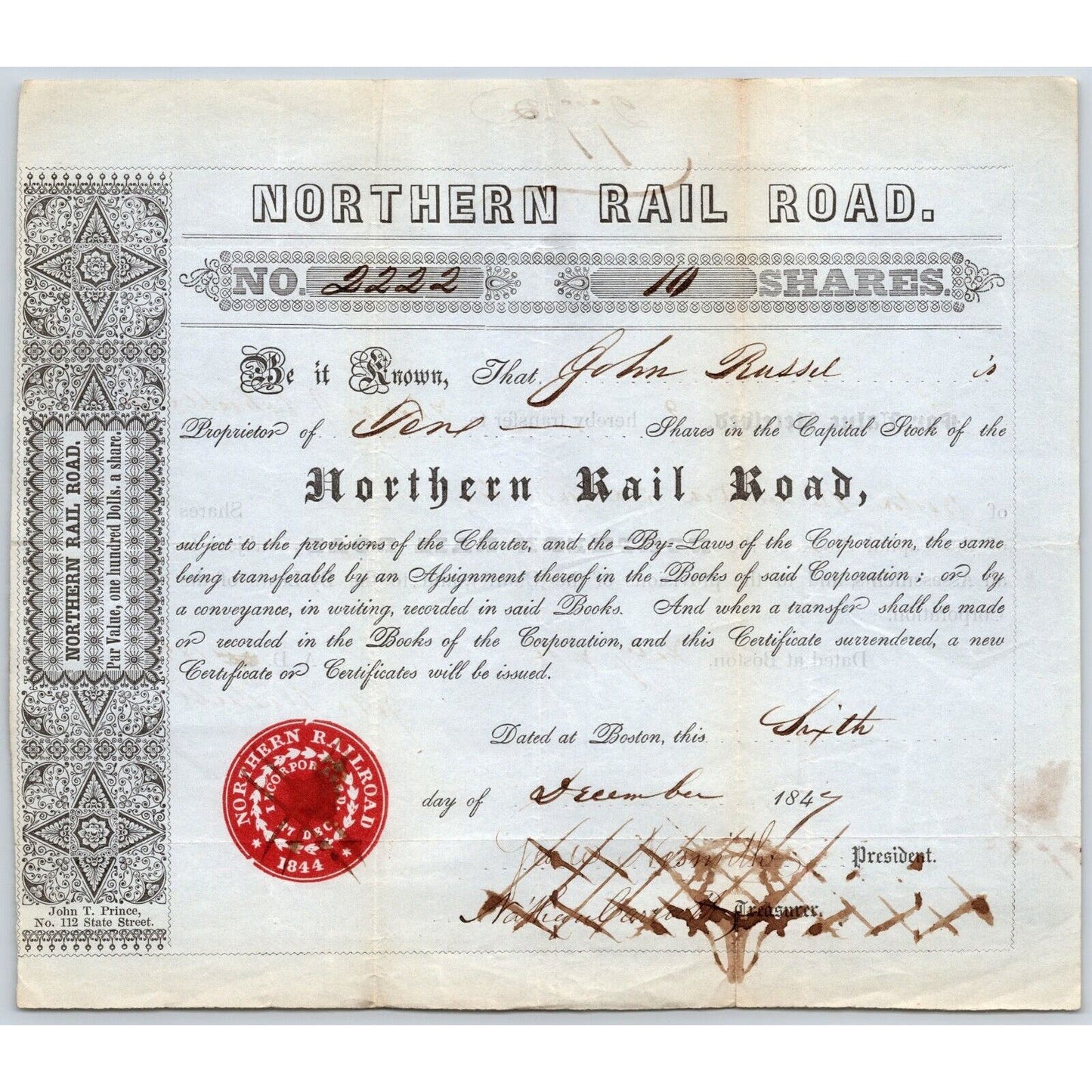 1847 Boston, MA Northern Railroad Stock Certificate No. 2222 for 10 Shares