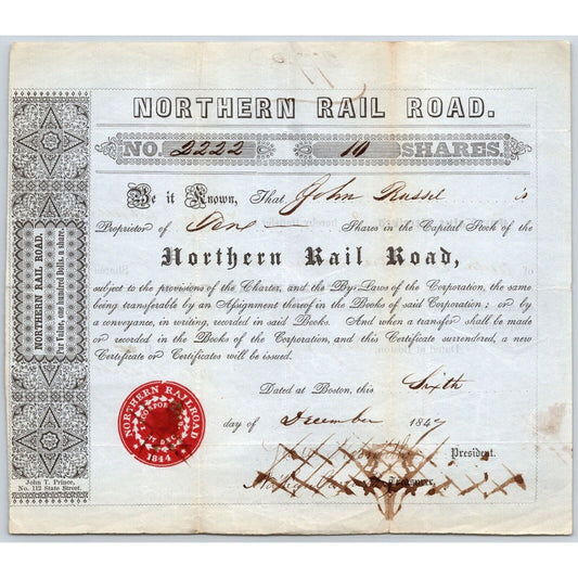 1847 Boston, MA Northern Railroad Stock Certificate No. 2222 for 10 Shares