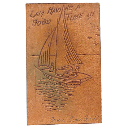 Funny Leather Postcard "I am Having a Good Time In ___" Sail Boating