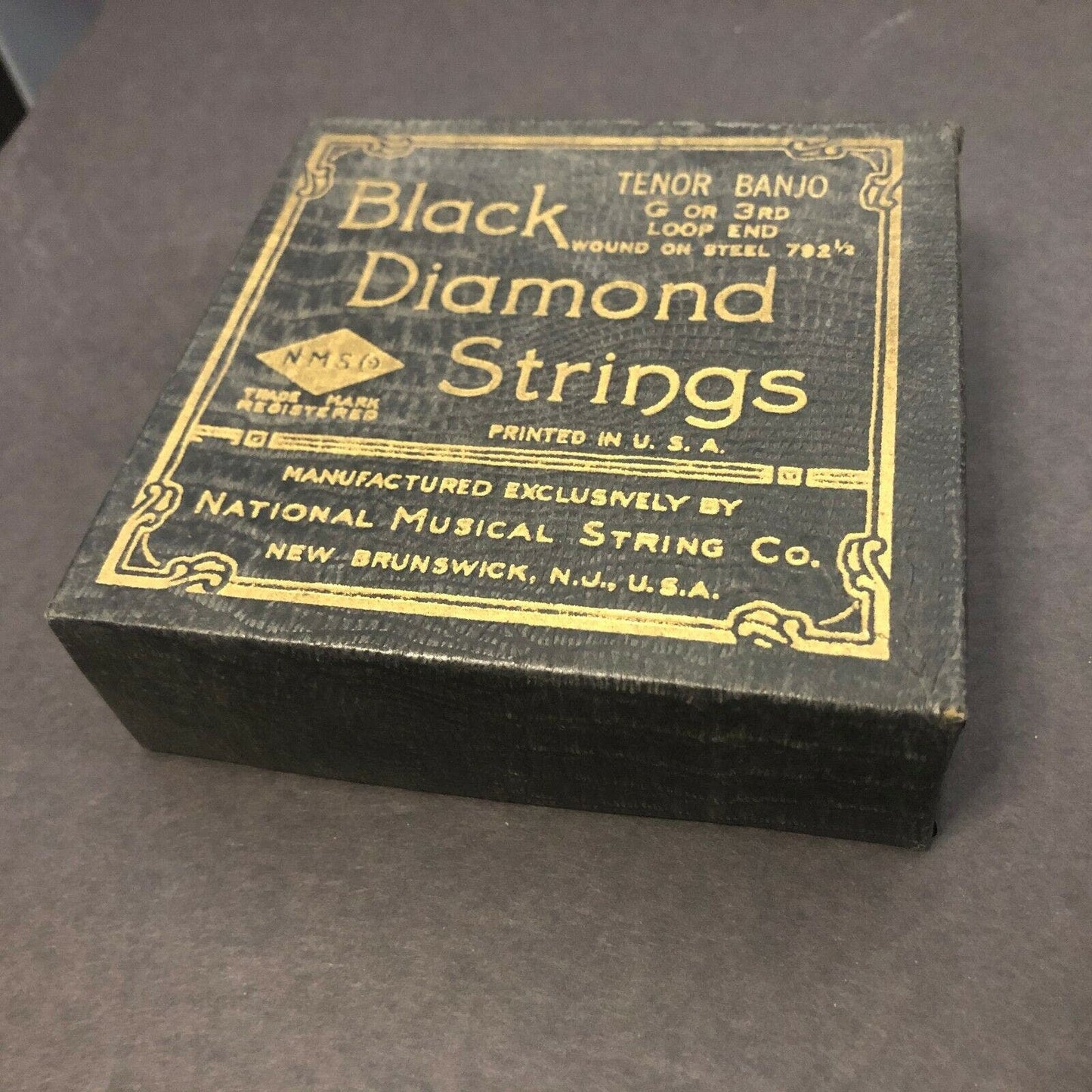 Vintage Empty Black Diamond Banjo String Box Texture + Gilt Text Faux Alligator?