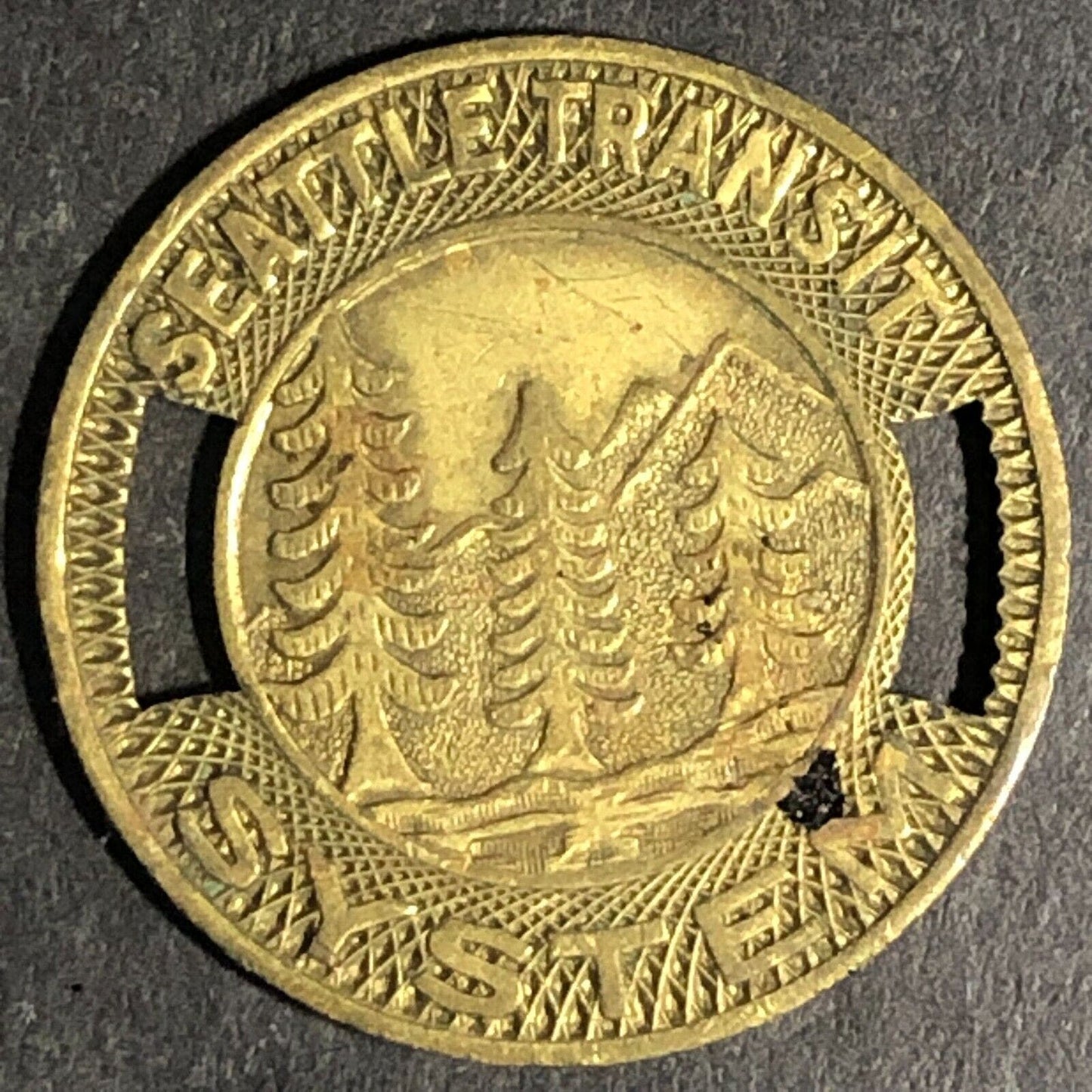 Seattle Transit System - "Good For Child's Fare" Brass Token 20mm w/ Pine Trees