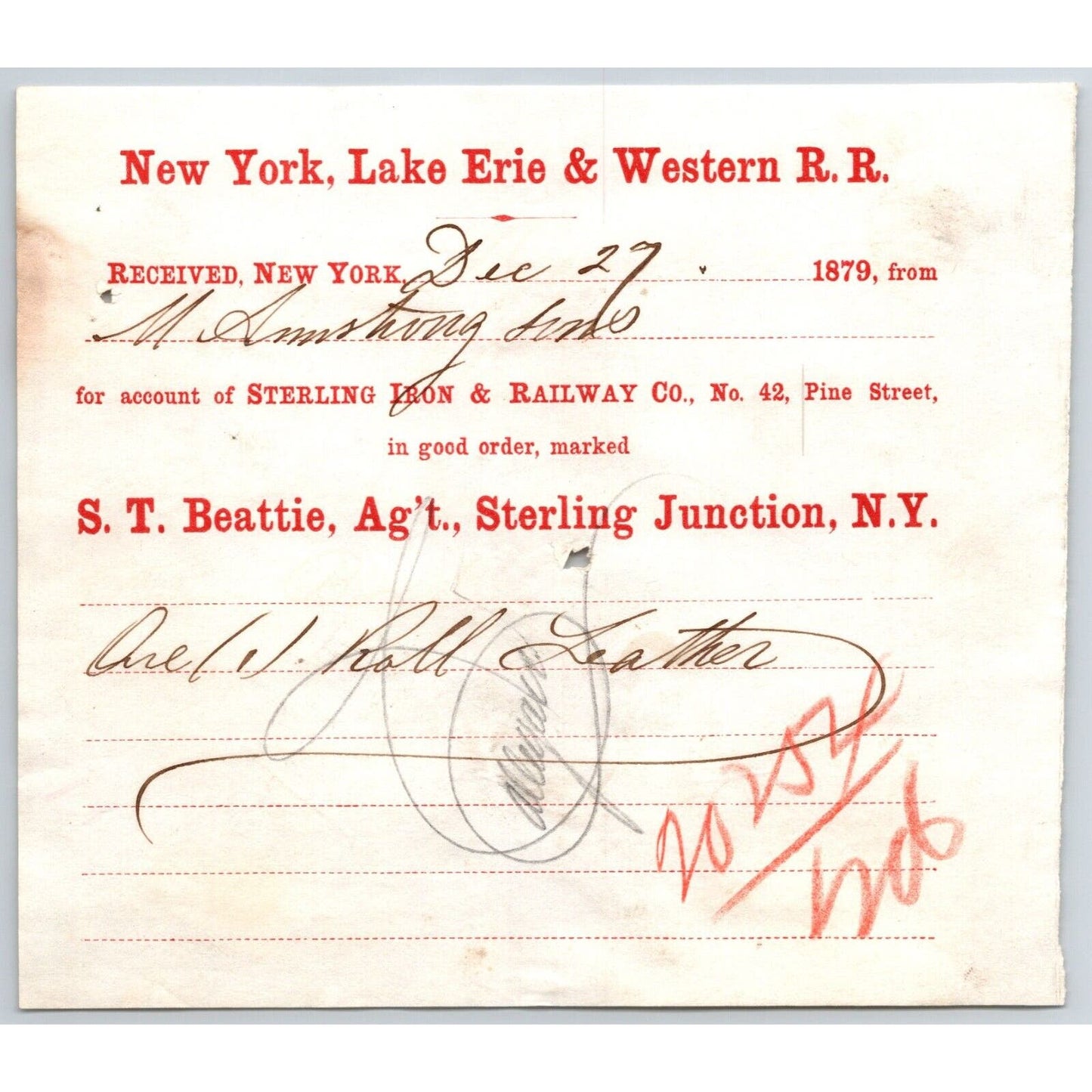 New York, Lake Erie & Western R.R. 1879 Railroad Freight Billhead Roll Leather
