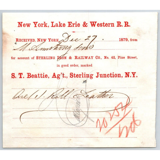 New York, Lake Erie & Western R.R. 1879 Railroad Freight Billhead Roll Leather