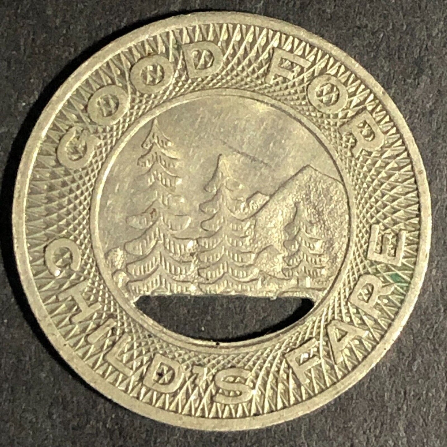 Seattle "Good For Child's Fare" Brass Transit Token -- 21mm w/ Pine Trees