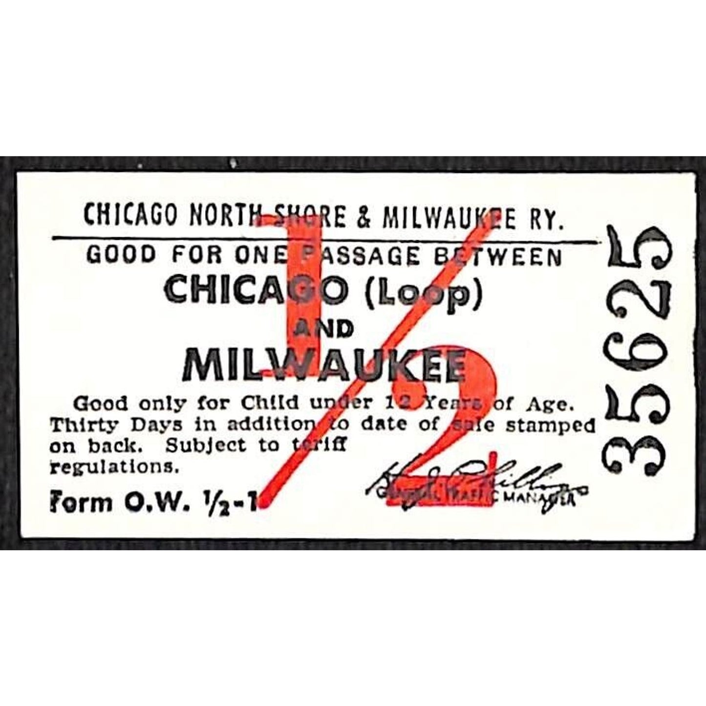 Chicago North Shore & Milwaukee RY 1/2 Fare Ticket c1947-50's #35625