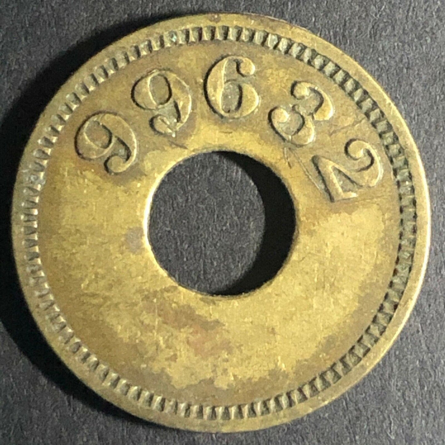 21.2mm "Good For 5c Package of Mints 99632" Donut Brass Token - Fauver Coll.
