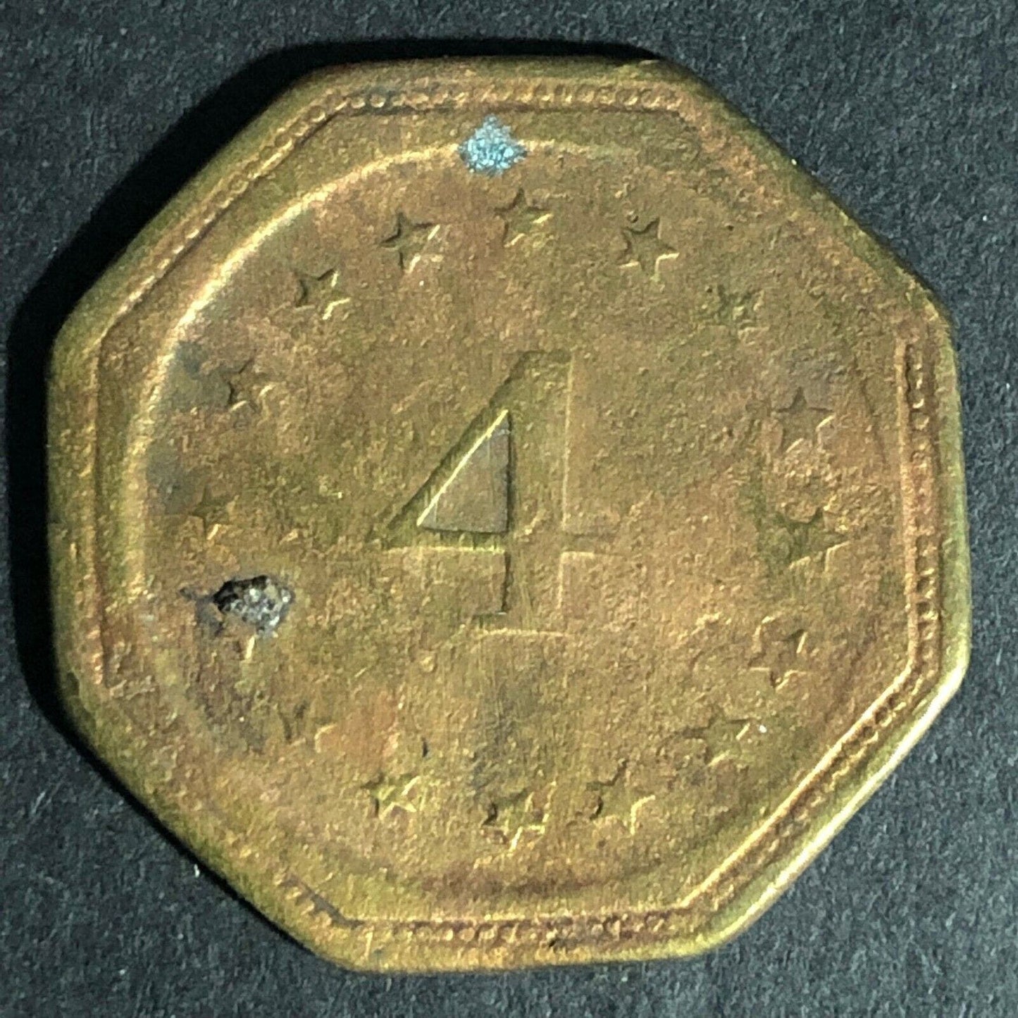 G.S. Latcher Saloon (should be Slatcher) "4" Brass Token 27mm c1888-92
