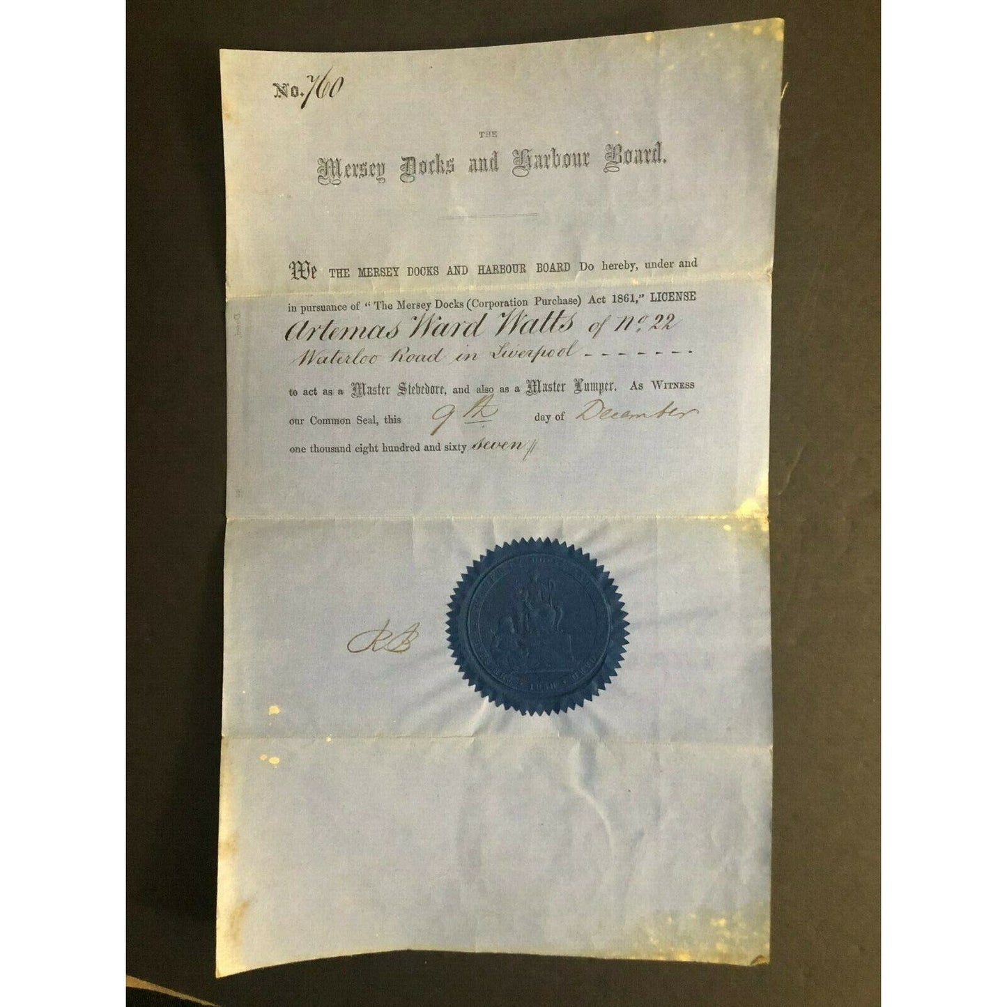 Scarce 1867 Mersey Docks and Harbour Board "Master Stevedore" License Liverpool