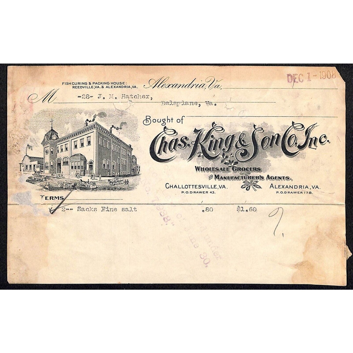 Alexandria, VA Chas. King & Son Co. Grocers 1908 Billhead w/ Vignette