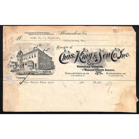 Alexandria, VA Chas. King & Son Co. Grocers 1908 Billhead w/ Vignette