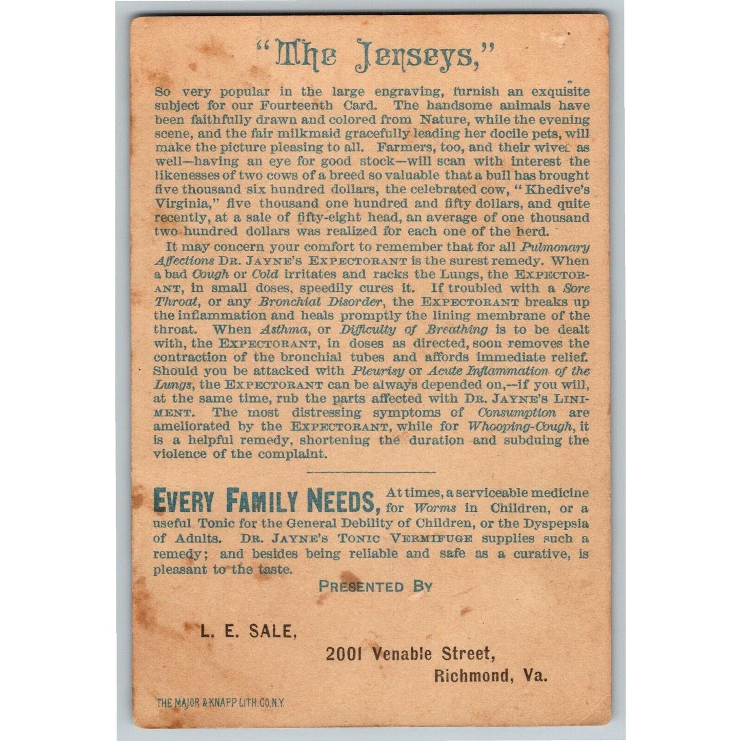 Dr. Jayne's / Jersey Cow / L. E. Sale, Richmond, VA - Victorian Trade Card