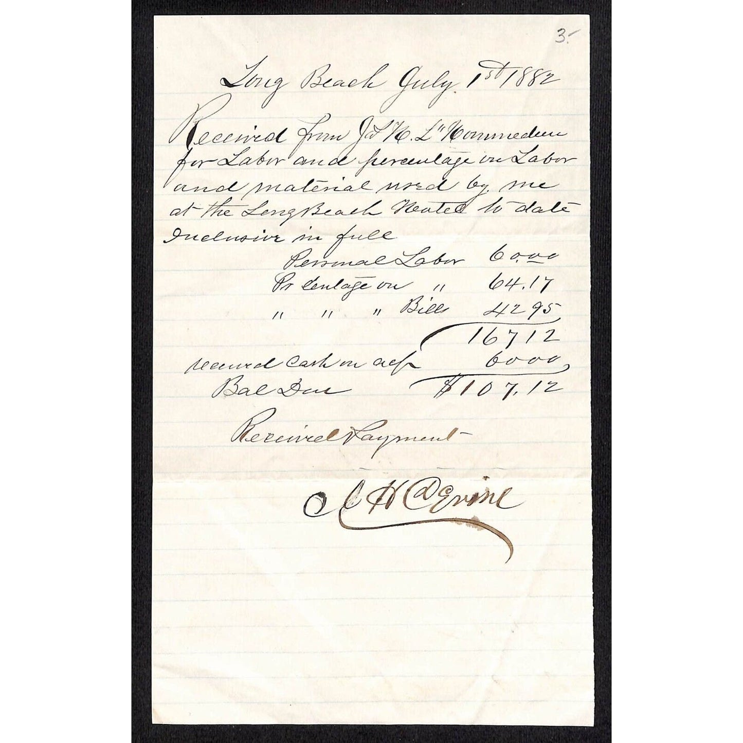 1882 Long Beach, NY Hand Written & Signed Receipt for $107.12incl. Labor Scarce