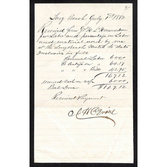 1882 Long Beach, NY Hand Written & Signed Receipt for $107.12incl. Labor Scarce