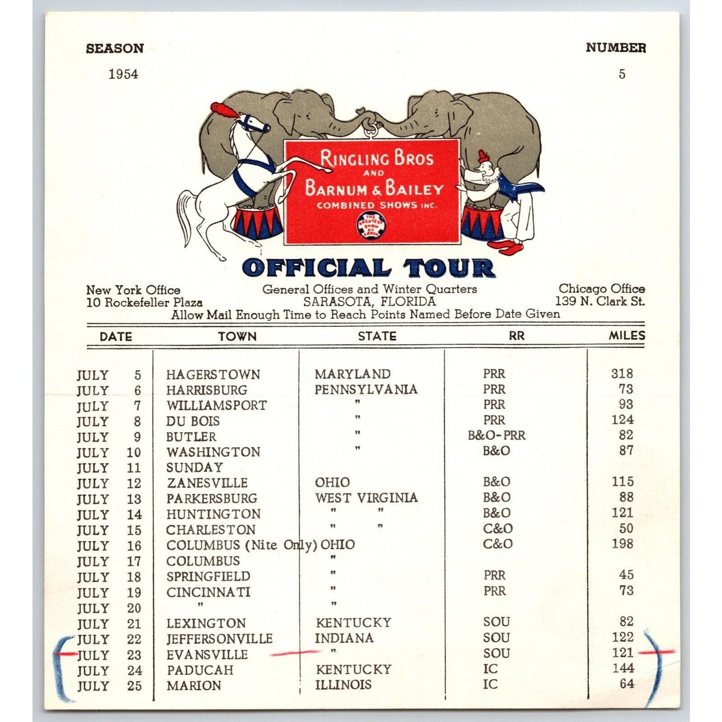 1954 Ringling Bros Barnum Bailey Circus Route Card Hagerstown Harrisburg Du Bois