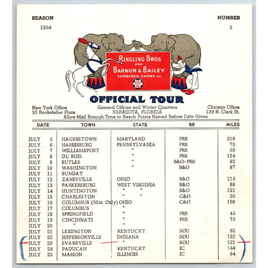 1954 Ringling Bros Barnum Bailey Circus Route Card Hagerstown Harrisburg Du Bois