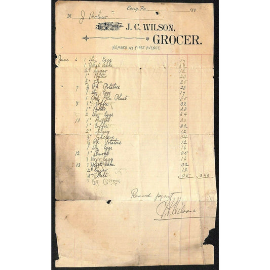 188? Corry, PA Letterhead J.C. Wilson Grocer Number 45 First Avenue