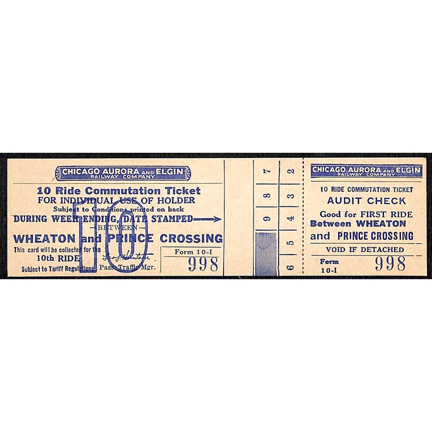 Chicago Aurora and Elgin Railway (1902-57) 10 Ride Ticket Prince Crossing
