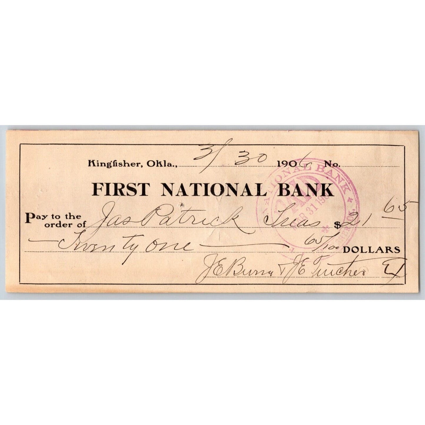 Kingfisher, Oklahoma Territorial 1906 "First National Bank" Check - Scarce
