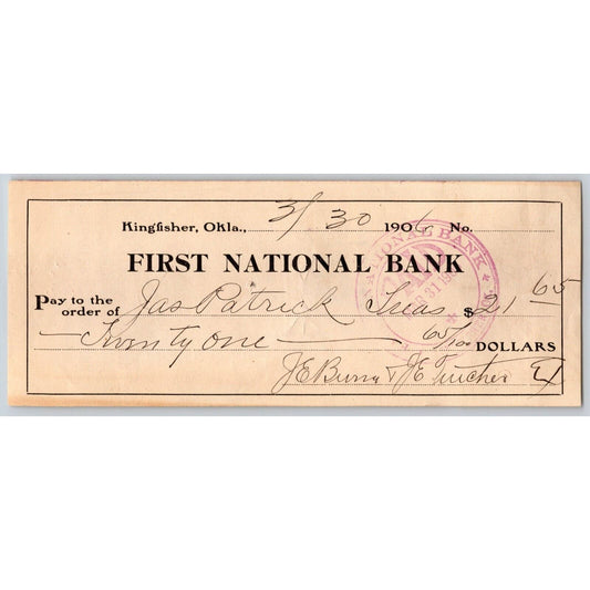 Kingfisher, Oklahoma Territorial 1906 "First National Bank" Check - Scarce