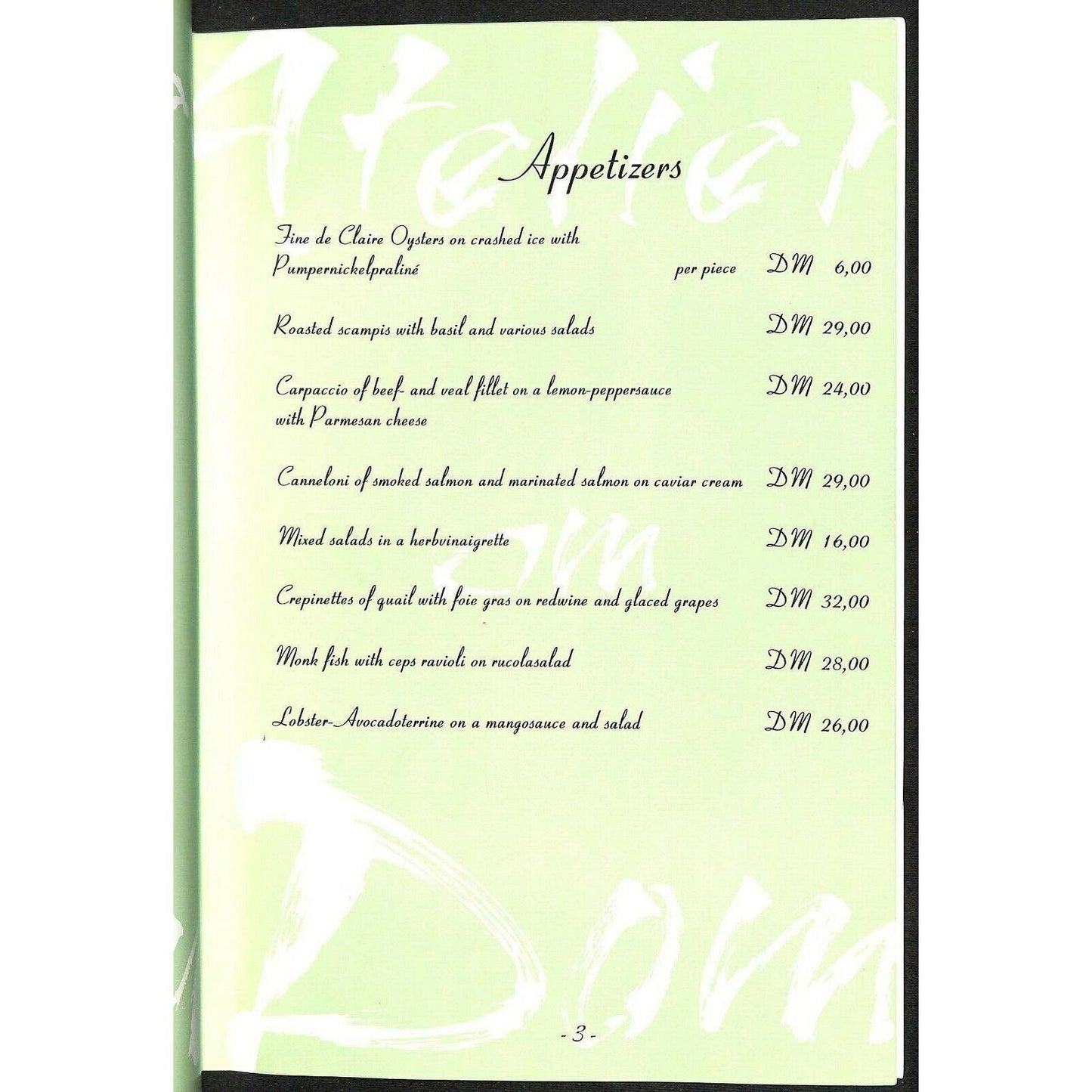 Dom-Hotel Koln-Cologne Restaurant Menu c1996 "Atelier on Dom"