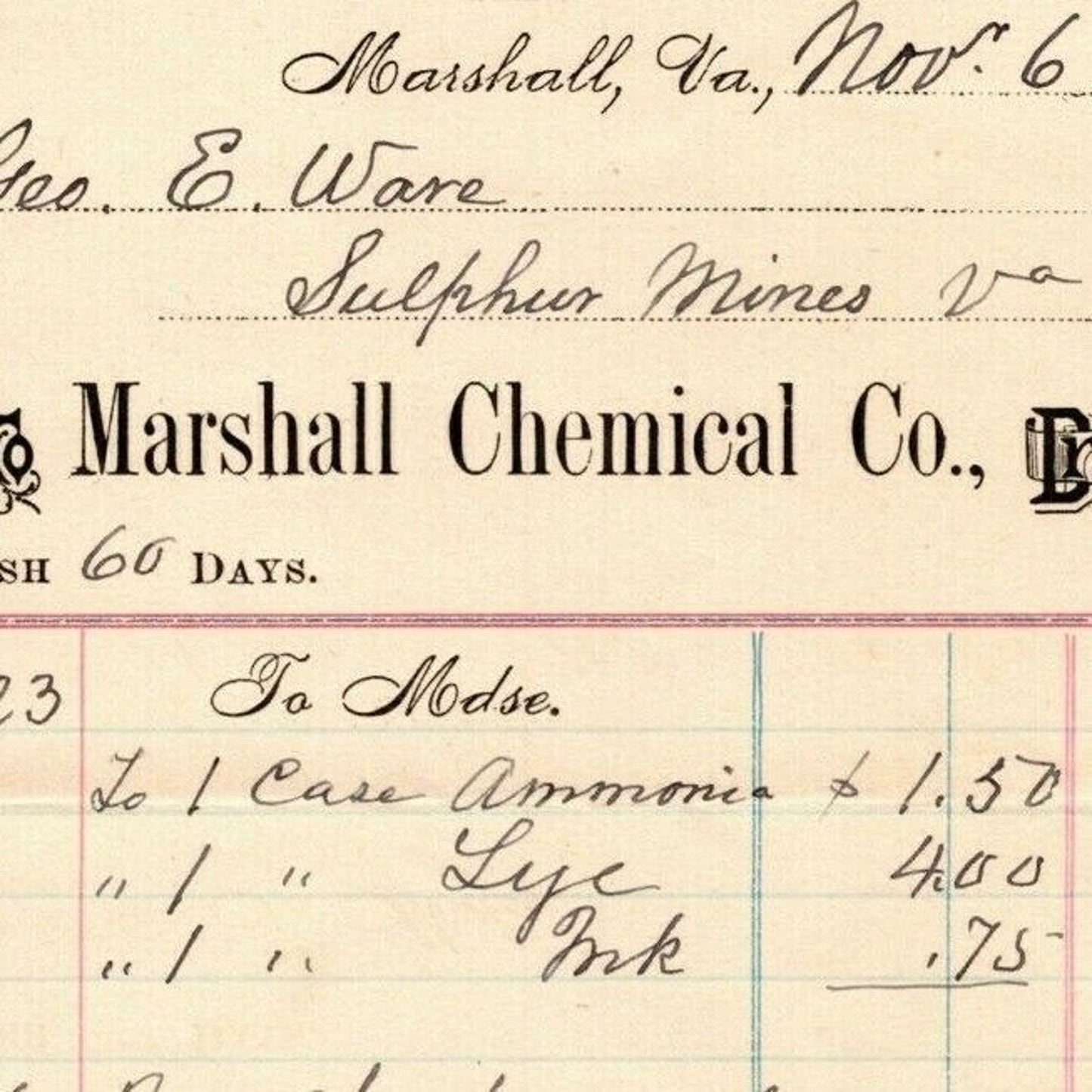 11/6 1895 Scarce Marshall Chemical Co Billhead Letterhead Sulphur Mines Virginia