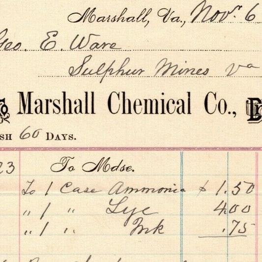 11/6 1895 Scarce Marshall Chemical Co Billhead Letterhead Sulphur Mines Virginia