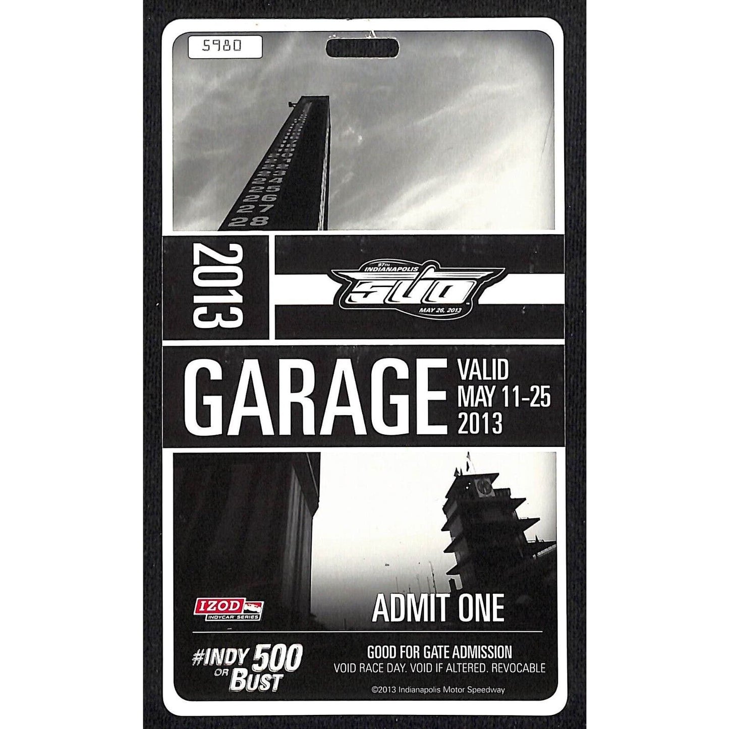 2013 Indy 500 Garage Access Ticket Pass Indianapolis IMS #5980 VGC