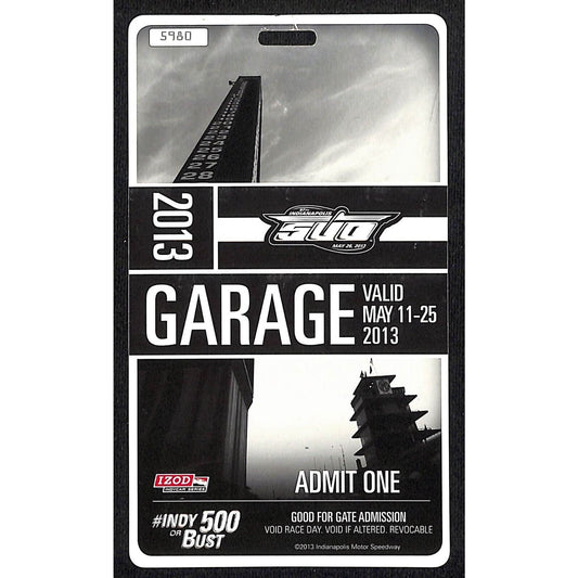 2013 Indy 500 Garage Access Ticket Pass Indianapolis IMS #5980 VGC