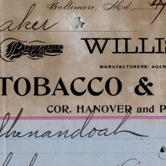 1898 Letterhead Billhead Willis & Co. Tobacco Cigars Baltimore Ephraim Baker*