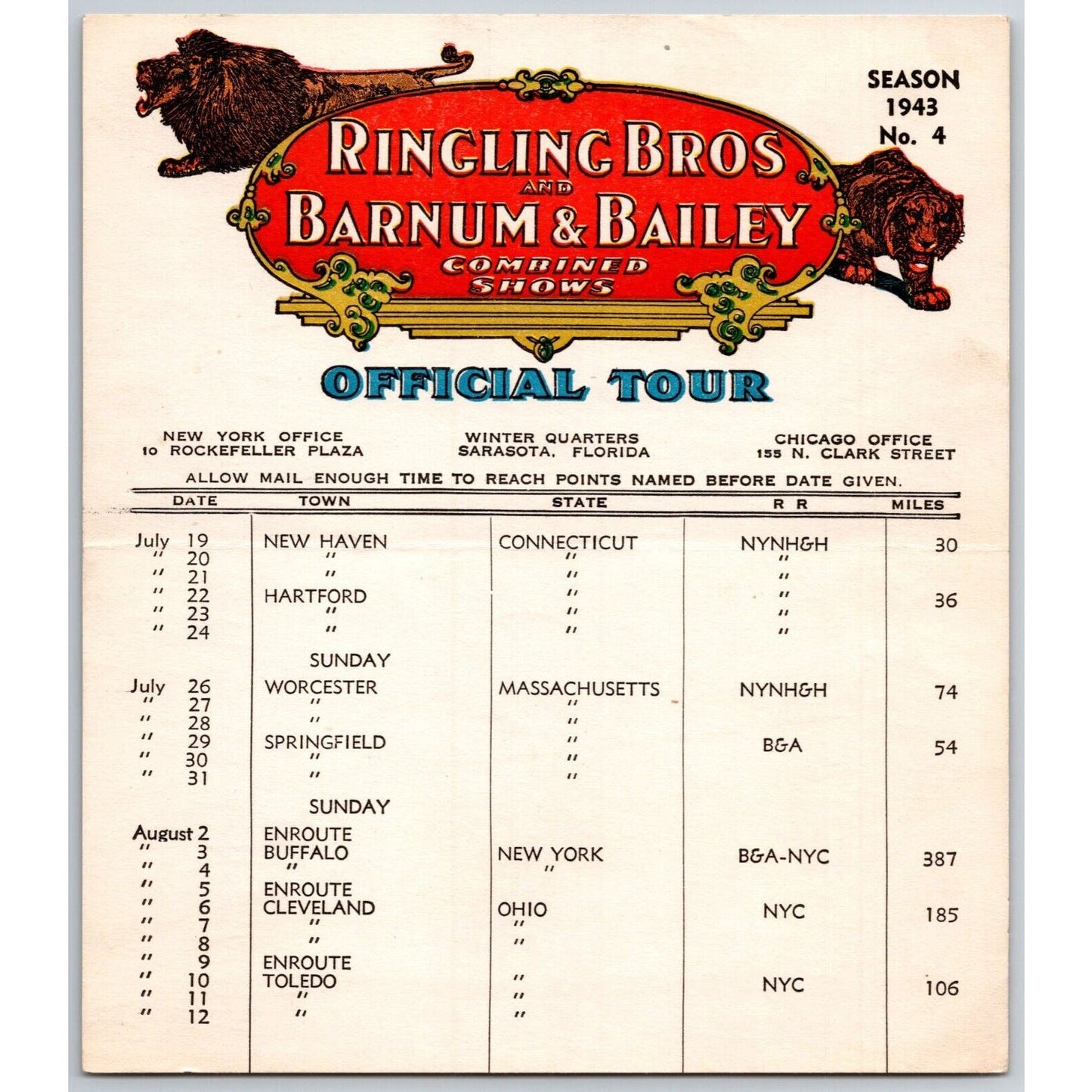 1943 Ringling Bros Barnum & Bailey Circus Route Card New Haven Hartford Worceste